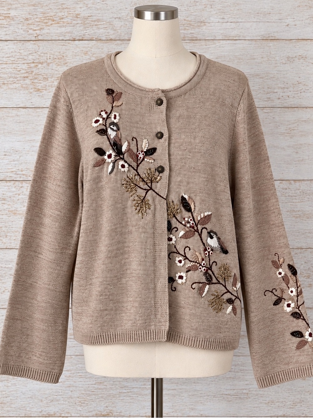 Coldwater Creek Embroidered Floral Bird Cardigan Taupe Cottagecore Bell Sleeve M